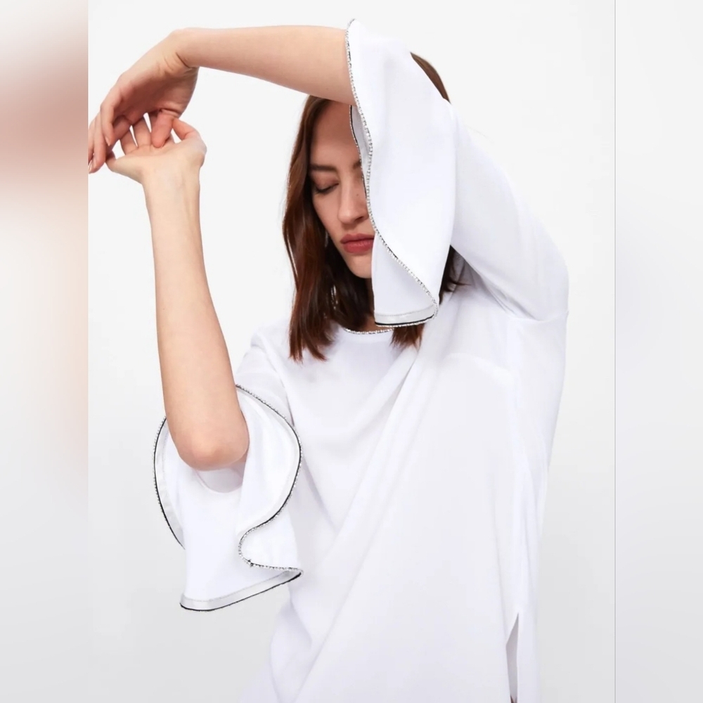 Zara White Top M Medium Flare Sleeve Rhinestones Minimalist Dressy Glam Tunic - Picture 3 of 16
